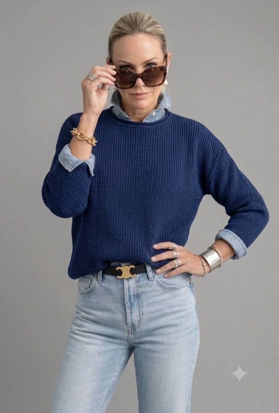 Pink Pineapple Chloe Solid Rollneck Sweater Navy S NWT Minimalist Elevated Basic